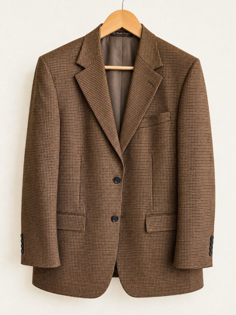 Oscar de la Renta Men's 40R Wool Houndstooth Blazer Brown Vintage Sport Coat